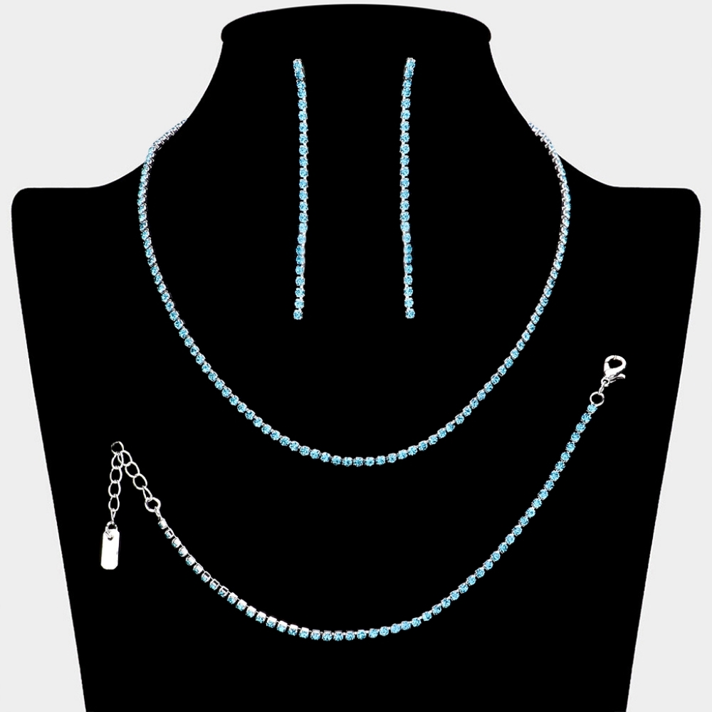 Aqua Blue 3 Piece Pave Rhinestone Crystal Necklace Jewelry Set Formal Statement